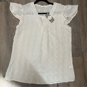 NWT Talisea White Textured Dot Ruffle Sleeve V‑Neck Top L Boutique